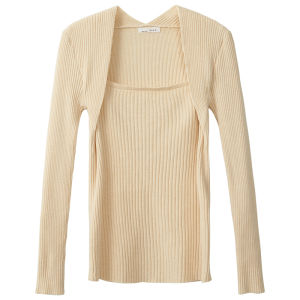 Knitted Base Shirt for Women Spring Autumn Winter Stylish Two-Piece Fake Cardigan Slim Fit Long Sleeve Pullover Solid Color