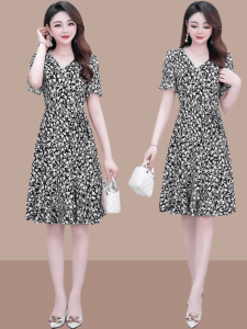 Floral Print Chiffon Dress Womens V-neck Short Sleeve Waist-cinching Summer New Style Korean Version Commute A-line Skirt