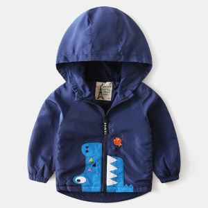 Fall Childrens Fleece Lined Jacket Boys Hooded Zipper Shirt Windproof Waterproof Dinosaur Pattern Casual Style Thickened Polyester Fiber