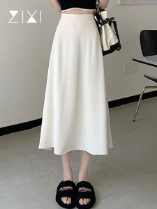 กระโปรงทรงเอเอวสูงสีขาว กระโปรงทรงเอยาวคลุมเข่าสไตล์เกาหลีสำหรับผู้หญิง ฤดูร้อน 2022 กระโปรงทรงเอเอวสูง