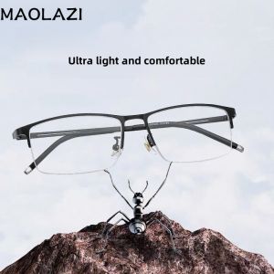 กรอบแว่นตาครึ่งเดียวไททาเนียมสี่เหลี่ยมสไตล์เรโทรแก้วเบาพิเศษแฟชั่น MAOLAZI ใส่สบายมีใบสั่งยาตามใบสั่งแพทย์990070กรอบแว่นสำหรับผู้ชาย
