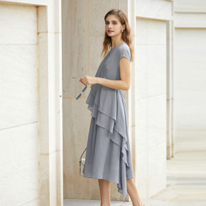 S·DEER | Đầm Chiffon Cổ Tròn Dây Nơ Ép Eo Dập Li