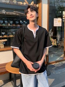 OUMULONG | Henley Collar Design Short Sleeve T-Shirt Patchwork Feel Clean Fit Half Sleeves