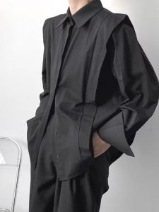 French Style Hidden Hook Stylish Fake Two Pieces Shirts Male Fancy Loose Long Sleeves Yamamoto Deconstruct Style Patchwork Shirt Tide