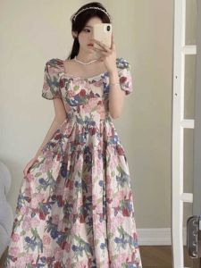 Romantic French Style plus Size Floral Print Square Neck Midi Dress Summer New Womens Clothing Hiding Belly Slimming Long Dress
