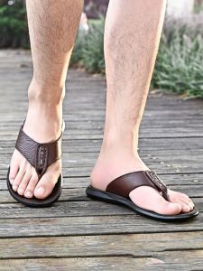 Mens Discount Leather Slippers 2024 New Thick Bottom Casual Leather Sandals Trendy Outdoor Slippers Comfortable Wear