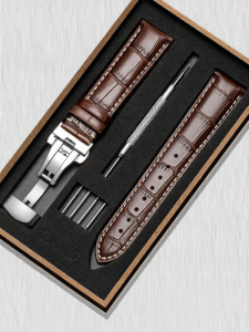 Woalmorn | Mens And Womens Leather Watch Band White Line Style Butterfly Buckle Compatible With Tangente Longines Citizen DW Black Brown