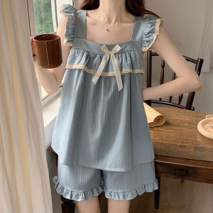 Summer Cotton Nightgown Womens Sleepwear with Chest Pad Strap Home Clothes Pure Cotton Sleeveless Square Collar Princess Style