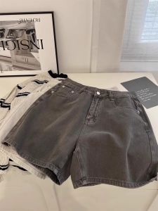 Dark Gray Denim Shorts Womens Summer Plus Size Plus Size Ladies High Waist Loose and Slimming A- line Wide-Leg Hot Pants Pear Shapes