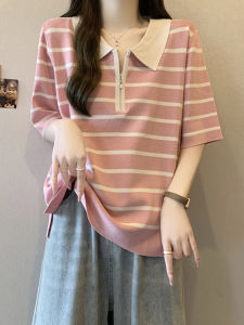 Plus Size Womens Clothing Sweet Leisure Easiest for Match Polo Collar Stripes Knitwear Summer Plus Size Ladies Slim Looking Short Sleeve T-shirt Top