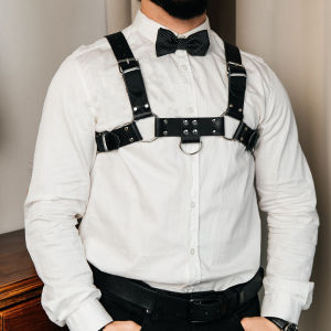 Punk Gothic Black PU Leather Shoulder Chest Harness For Men Adjustable Strap With Bowtie Decor For Club Rave Festival Stage Outf