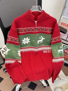 เสื้อสเวตเตอร์คอตั้งทรงหลวมสำหรับผู้ชาย ฤดูใบไม้ร่วง/ฤดูหนาว ลายปักสีบล็อก คอกลม แฟชั่นลำลอง ผ้าถัก ผ้าขนสัตว์ ผ้าขนสัตว์