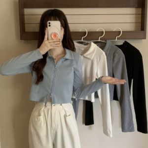 Double Zipper Open Cardigan Long Sleeve Polo Collar Short T-Shirt Womens Fashion Design Personality Class Uniform Autumn Top