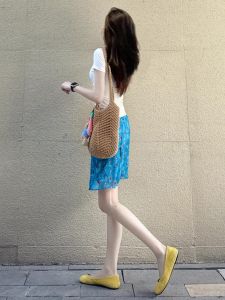 Elegant White T-Shirt Dress Set Womens High Waist A-Line Skirt Casual Style Polyester Fiber Short Sleeve round Neck Workwear