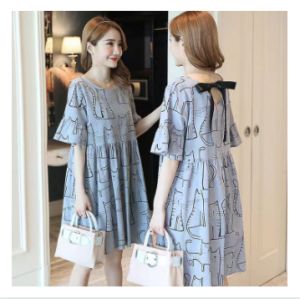 เวอร์ชั่นเกาหลี เดรสพลัสไซส์สีน้ำเงิน ยาวปานกลาง ไม่มีผลกระทบต่อลูกน้อย ชุดคลุมท้องใส่ทำงาน