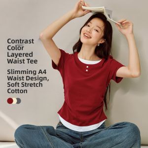 INMAN | Contrast Color Illusion Layered Wrinkle Waist Design Slimming T-Shirts