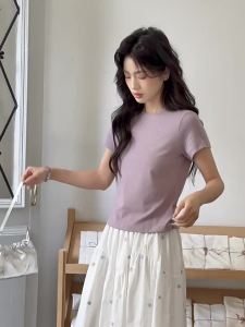 Áo Thun Tay Ngắn Cổ Tròn Màu Tím Ôm Sát