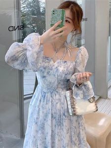Tea Break French Style Floral Square Collar Dress Womens Spring/Summer New Arrival Waist-Controlled Slimming Long Sleeve Skirt Loose-Fit Pure Desire Dress