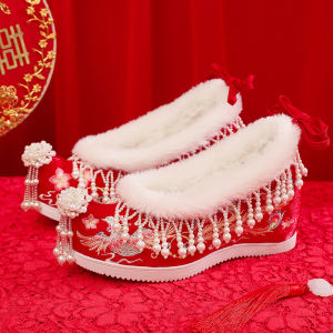 Red Han Tang Style Womens High Heels Fleece Lined Wedding Shoes Increased Height Inner Design Sweet Embroidery for Winter Wedding