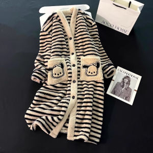 Thickened Coral Fleece Sleep Dress Womens Autumn Winter Home Clothes External Wear New Style Robe Light Brown Dog Home Suit
