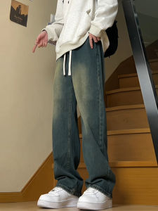 กางเกงยีนส์ทรงหลวมขาตรงสีน้ำเงินสำหรับผู้ชาย กางเกงขายาวทรงหลวมสบาย ๆ สไตล์อเมริกันสำหรับวัยรุ่น กางเกงยีนส์ทรงหลวมสไตล์ย้อนยุค