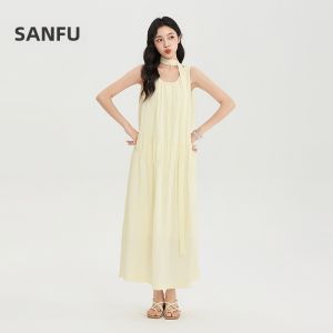 SANFU | Elegant French Design Slanted Drape Waist Knot Shoulder Straps U-Neck Women Dress