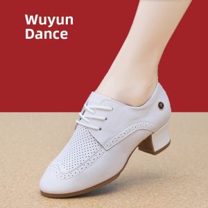 White Genuine Leather Dance Shoes Professional Latin Dance Shoes Soft Bottom mid High Heel Dancing Shoes for Ladies Square Dance
