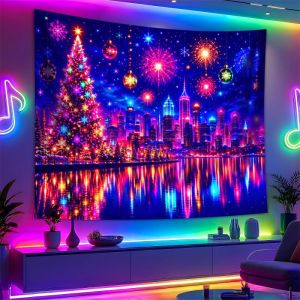 VIKAMA Christmas Neon Ice Village Wall Tapestry Fireworks Tree Skating Winter Holiday Home Decor Retro Style Soft Durable Cozy
