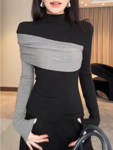 Half Turtleneck Velvet Padded Bottoming Shirt Womens Fall and Winter Inner Wear Can Be Outwear Padded Top Slim Fit Long-Sleeved T-shirt Slimming Shirt