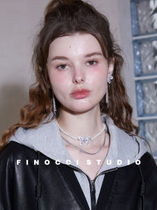 Finocci Fashionable Double Layered Pearl Necklace with Sparkling Diamond Design Elegant Spirit Butterfly Autumn New Arrival