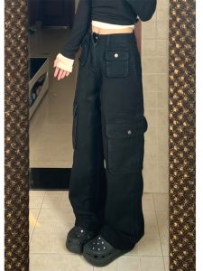 Quần Ống Rộng Dài Màu Đen Phong Cách Mỹ Cho Nữ Quần Dài Ống Đứng Nhiều Túi Quần Dài Thường Ngày Mùa Xuân Quần Jeans