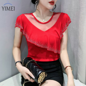 YIMEI เสื้อเต้นรำแต่งระบายสำหรับผู้หญิง เสื้อแฟชั่นฉลุลายสำหรับฤดูร้อน 2023 เสื้อตา ข่ายสตรี แขนสั้นสำหรับผู้หญิง เยี่ยมชม เสื้อยืด ประดับ เพชรสุดฮิต สำหรับผู้หญิง