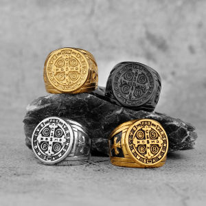 Saint Benedict Religion Cross Ring Men Punk Hip Hop Black Gold Color Stainless Steel Jewelry Biker Amulet Gift for Boyfriend