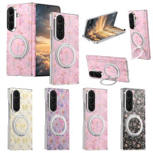 Magnetic Phone Case For Samsung Galaxy Z Fold 8 Ultra/8/7/6 Vintage Stained Glass Bloom Flower Design Slim Hard PC Back Shockproof Protective Cover Pink
