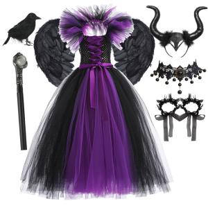Girls Black Purple Witch Costume Long Tulle Dress Ruffle Off Shoulder Kids Maleficent Cosplay Outfit for Halloween Carnival