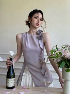 Three-Dimensional Flower Ribbon Split Vest Womens Summer New Design Sense Silm Slim Looking All-Matching Sleeveless Small Shirt Top