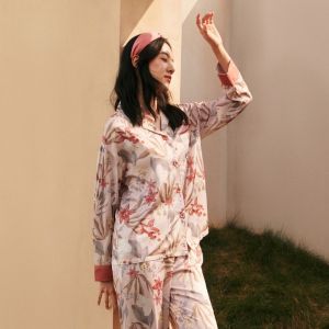 LUNILAI | Lunilai Silk Feel Long Sleeve Shirt Collar Sleepwear Womens Comfortable Smooth Two Piece Set Casual Floral Print Spring Autumn