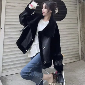 Winter New Fashionable Womens Sheepskin Leather Jacket Biker Style Collar up Coat Long Sleeve Zipper Closure Commute Friendly