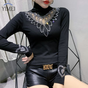 YIMEI Áo Nạm Kim Cương Khoét Lỗ Thời Trang Cổ Cao Áo Nữ Màu Đen Mỏng Ôm Sát Quyến Rũ Mới Xuân Thu 2023 Cotton Áo Dài Tay Cho Nữ