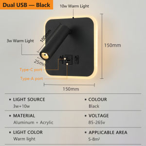LED Wall Lamp with USB Type-C Charging Ports Ambient Backlight Rotatable Reading Spotlight Bedside Bedroom Hotel Wall Sconce