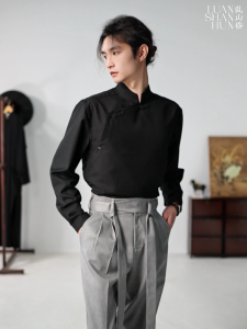 Crazy Mountain New Chinese Original Design National Style Oriental Retro Stand Collar Factory Word Placket Long Sleeves Shirt Daily Fall and Winter