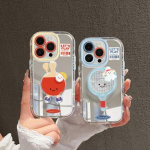 Upaitou Casing for Iphone 16 Promax 16pro 16plus IPhone 16 15 14 13 12 11 Pro Max X XR Xs Max 8 7 6s Plus 3D Cartoon Cute Table Tennis Emoji Band Phone Case with Bracket Protective Silicone Back Cover