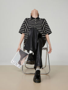 Summer New Design Loose Casual Polo Neck Short Sleeve T-Shirt Womens Black White Striped Patchwork Top Trendy Polyester Fiber