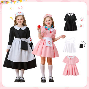 LOlanta Halloween Nurse Costume for Kids Girls Black Florence Nightingale Dress Pink Clara Barton Role Play Doctor Dress Up for Cosplay & Party 5-12Years