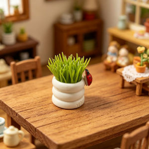 Mini Artificial Grass Potted Ornaments Black White Tiny Plant Decor with Ladybug Micro Landscape Miniature
