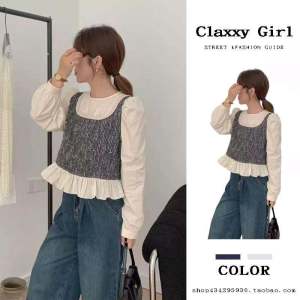 French Style Contrast Colors False-Two-Piece Sequin Knitting Long Sleeves Shirt Womens Autumn Stylish Niche Style Chic Pleated Top with Swing