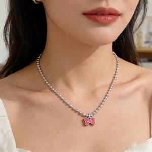 GANGZHENGSHENG | Pink Butterfly Enamel Sterling Silver 925 Necklace for Mother and Daughter Gift