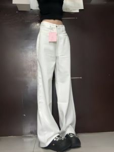 ยาวพิเศษสูง เอว หลวม พอดีขาตรง กางเกงยีนส์ ผู้หญิง ขากว้าง ความยาวพื้น กางเกง พรางหุ่น เอฟเฟกต์ สีขาว เวอร์ชันแคบ