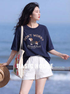 Basic House | Dark Blue Cotton Embroidery Loose T-Shirt