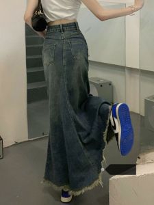 Retro Tassel Mid-Length Denim Skirt Womens Autumn Winter New Fish Tail Half-length A-Line Slimming Bodycon Skirt